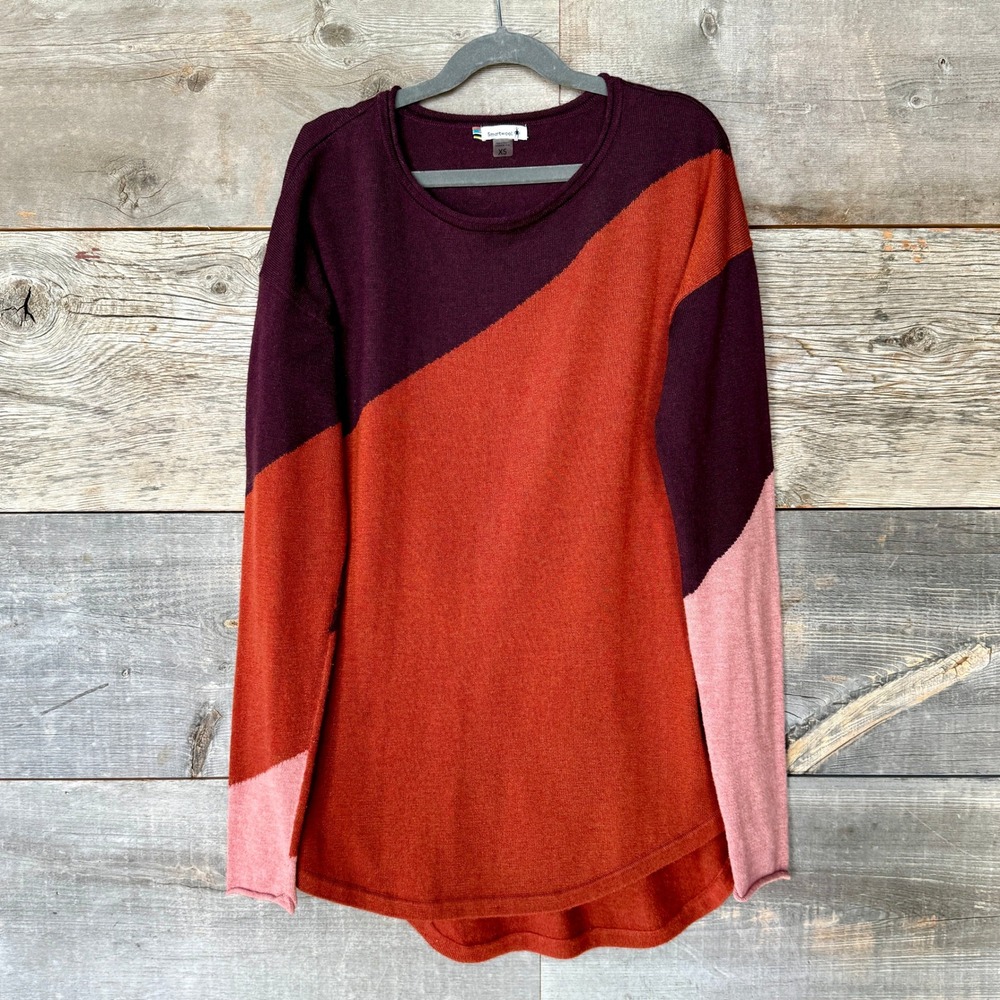 Smartwool Womens Shadow Pine‎ Colorblock Crew Sweater XS Maroon Wool Blend Gorp
